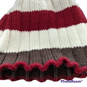 Margot Beanie Brown White Red Wool Blend Winter Cold Weather Hat Scalloped Edge